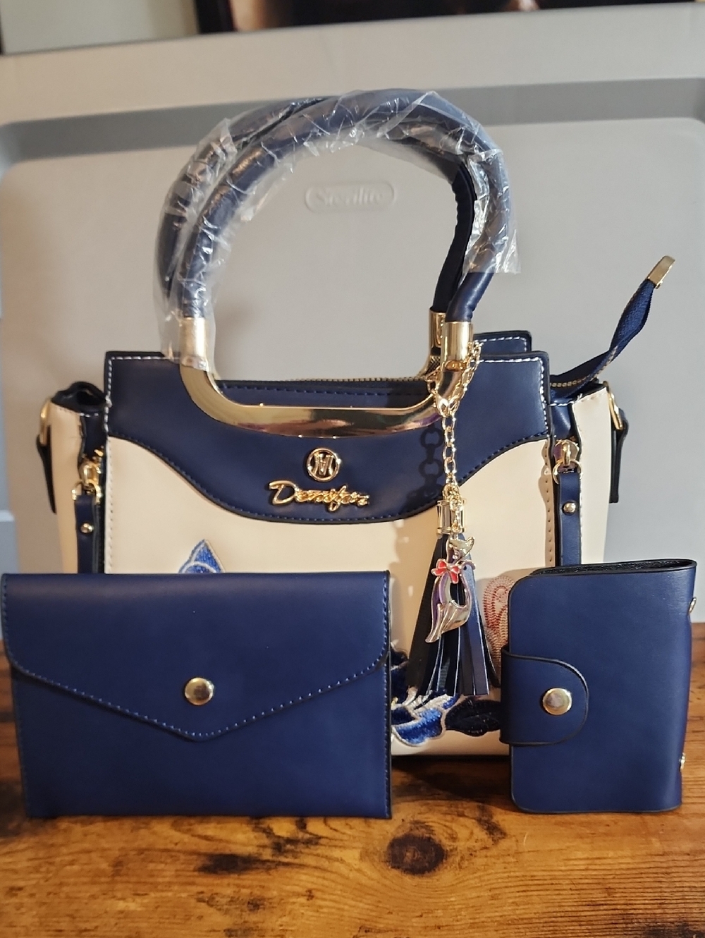 Blue 3pcs Set Women's Handbag With Elegant Geometric Print,Faux Leather material